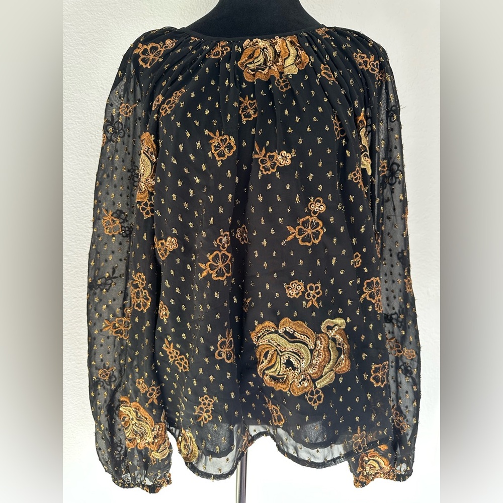 Express Black Sheer Floral Embroidered Sequin Blouse XL‎ Peasant Boho Top